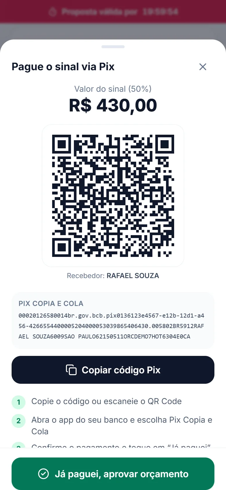 Cliente pagando o sinal via Pix
