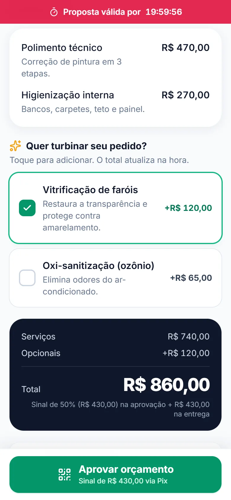 Proposta interativa vista pelo cliente no celular