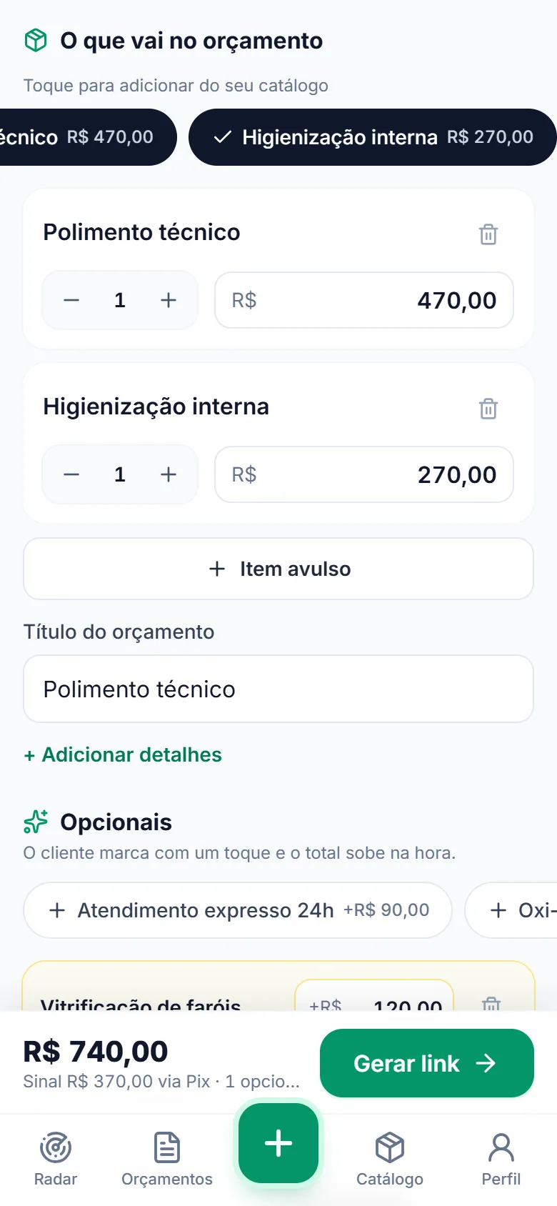Tela de criação de orçamento no Orçafy